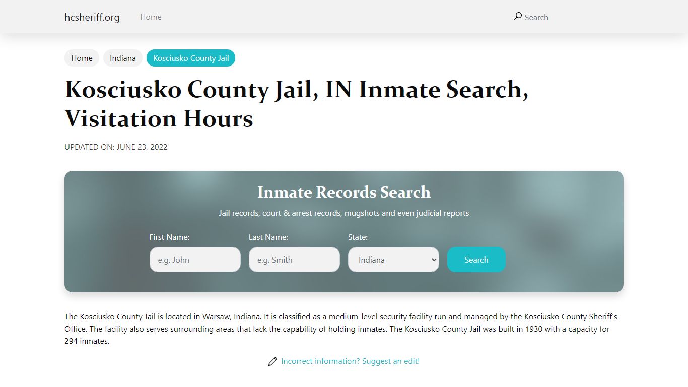 Kosciusko County Jail, IN Inmate Search, Visitation Hours