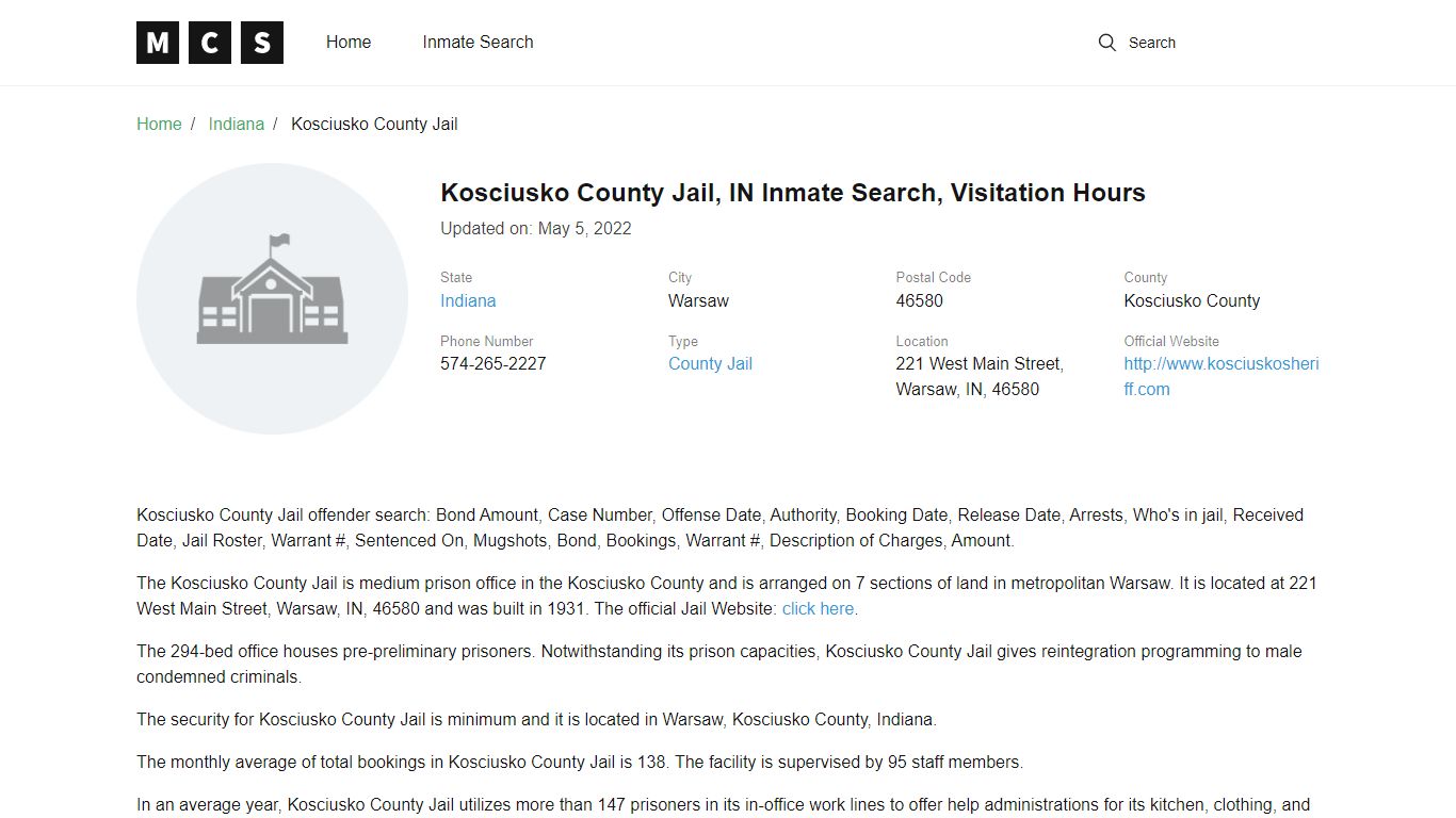 Kosciusko County, IN Jail Inmates Search, Visitation Rules